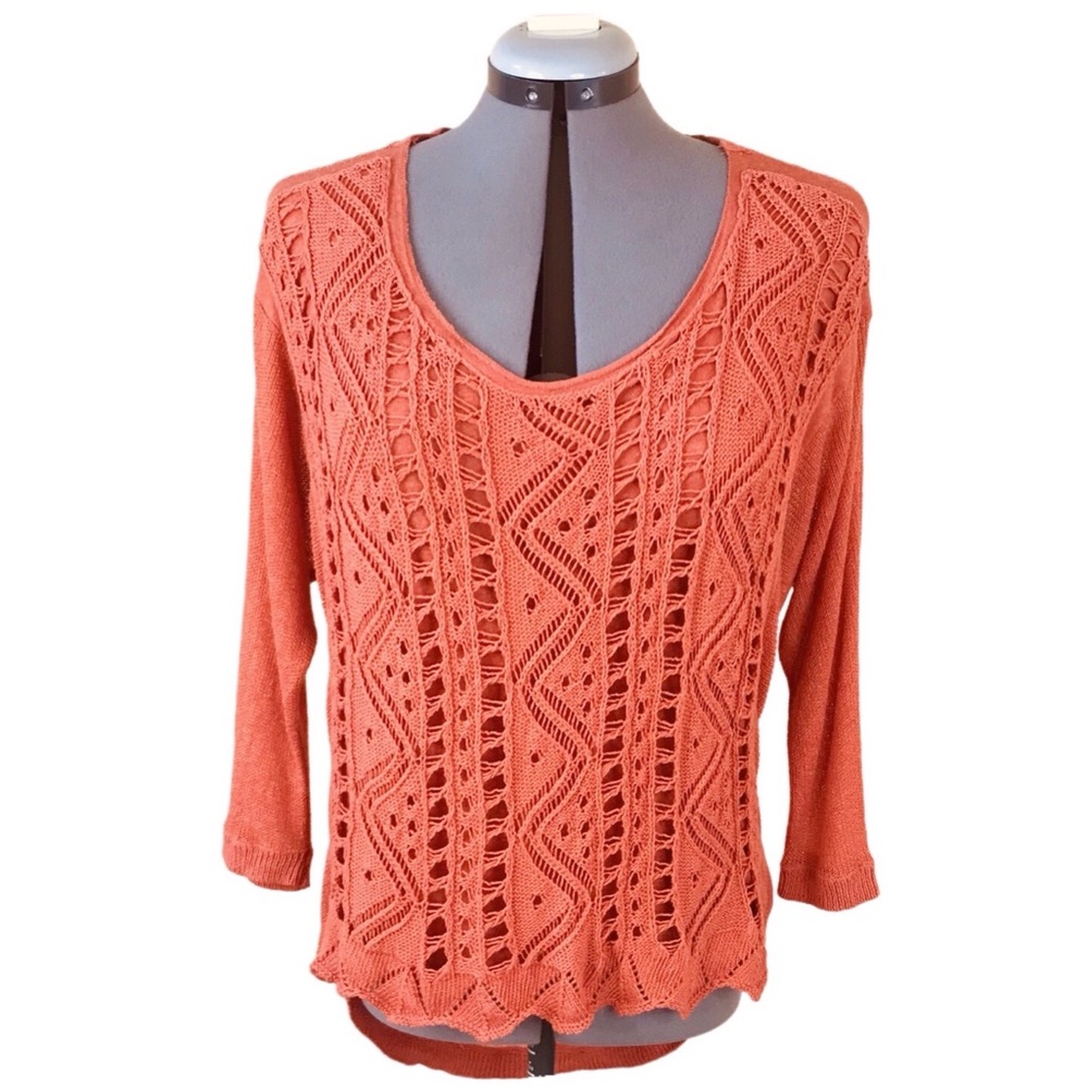 MOTH Anthropologie Linen Silk Orange Crotchet Boho Sweater Shirt M Medium Top